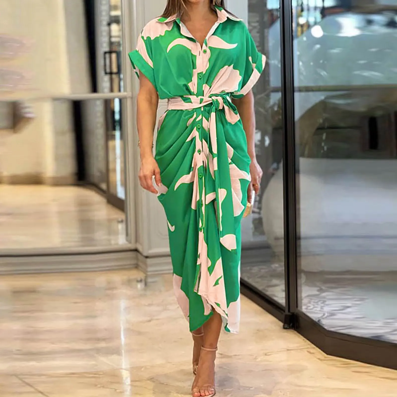 Party Dresses Female Print Short Sleeved High Waist Long Clothes With Bow Buttons Summer Dresses For Women 2023 Trendy Wedding