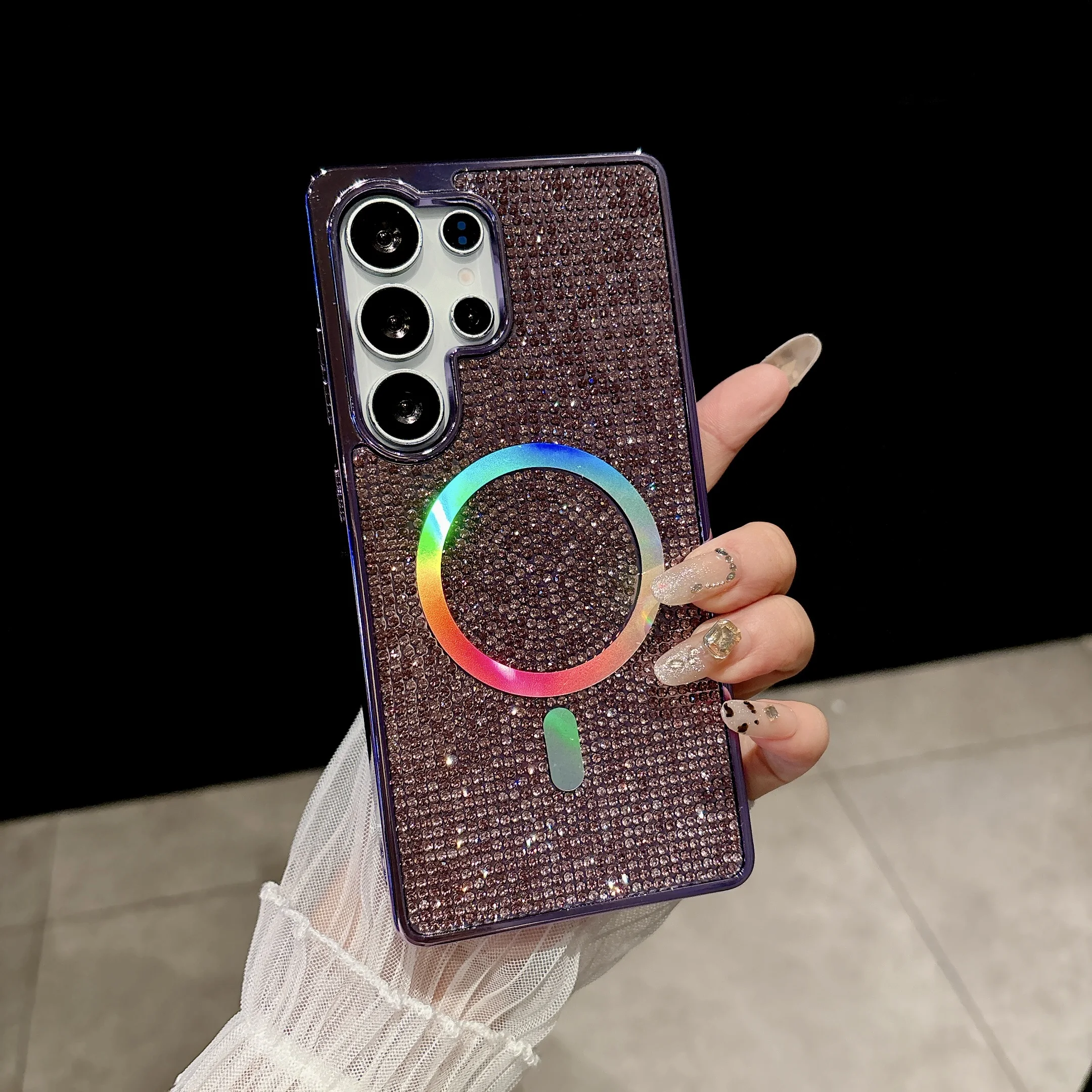 Glitter Diamond Plating TPU+PC Phone Case with Wireless Charging and Magnetic Feature - Girly Cover