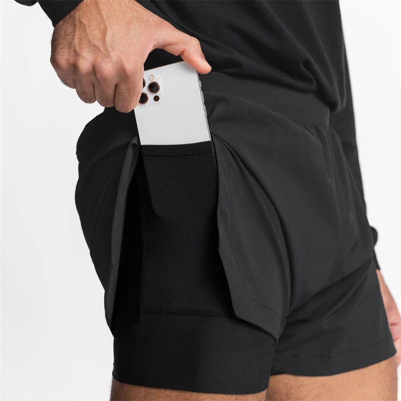 Summer Double Layer 2-in-1 Men's Shorts Quick Drying Fitness Sports Pants Tight Inside and Loose Outside Fashion Capris