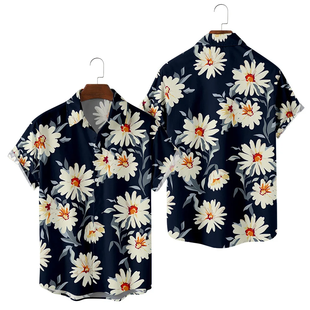 

Oversize 6XL Daisy Printed Short Sleeve Shirt And Shorts Two Piece Suit Summer Hawaiian Beach Couple Women Mens Sets