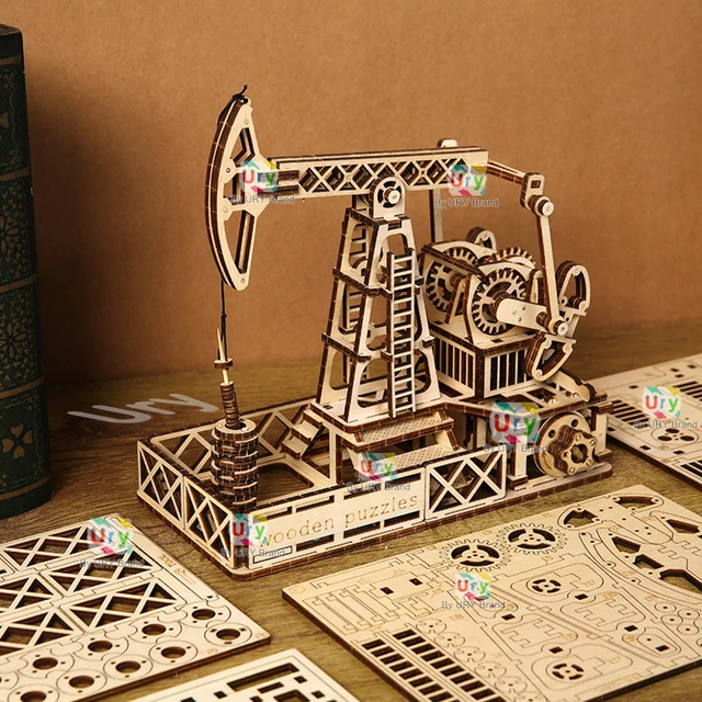Ury 3D Wooden Puzzle Drilling Oil Wells Beam Pumping Unit Engineering Model Mechanical Kit Assembly Decor DIY Toy Gift for Adult 6