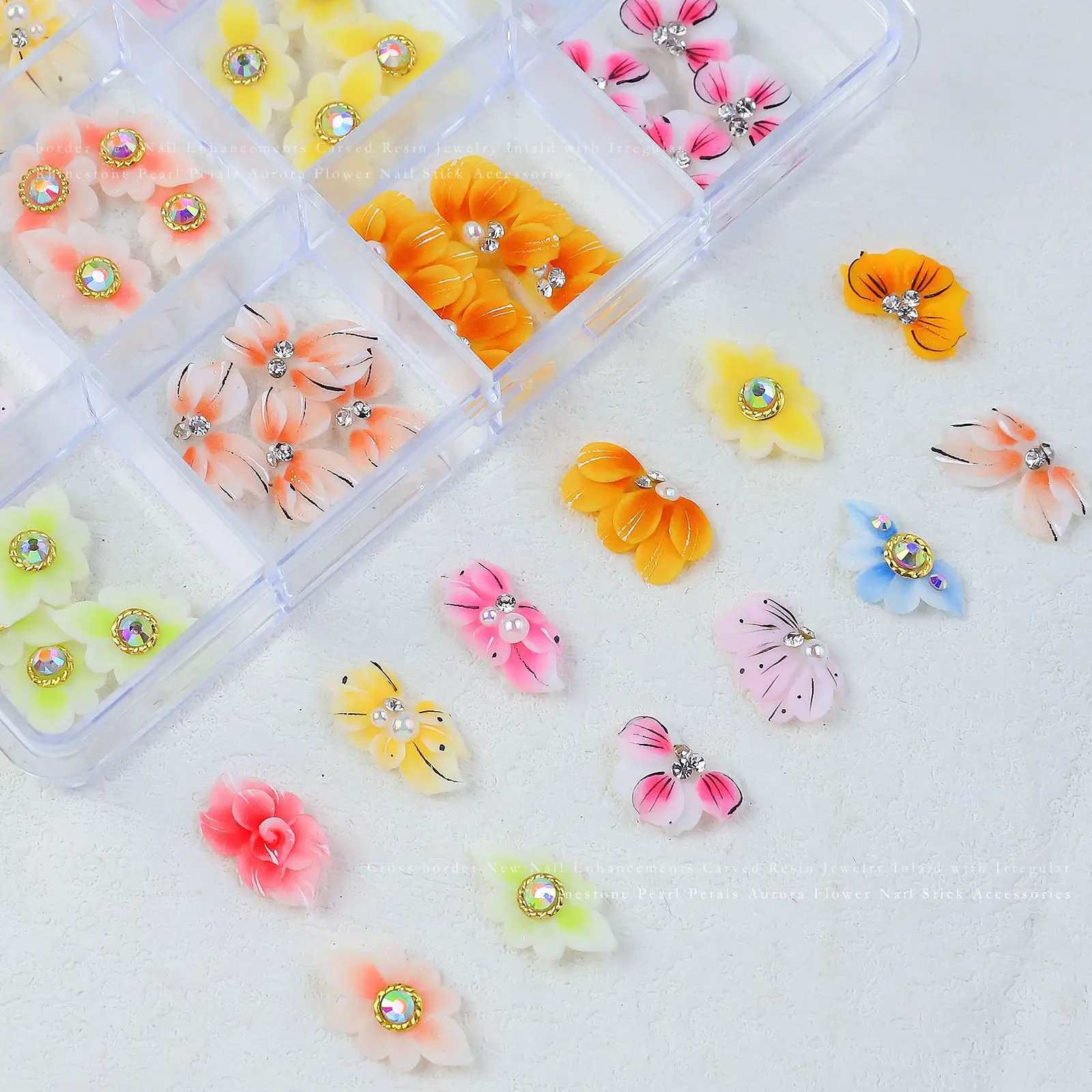 48Pcs 3D Nail Art Flower Decorations with Rhinestones and Pearls