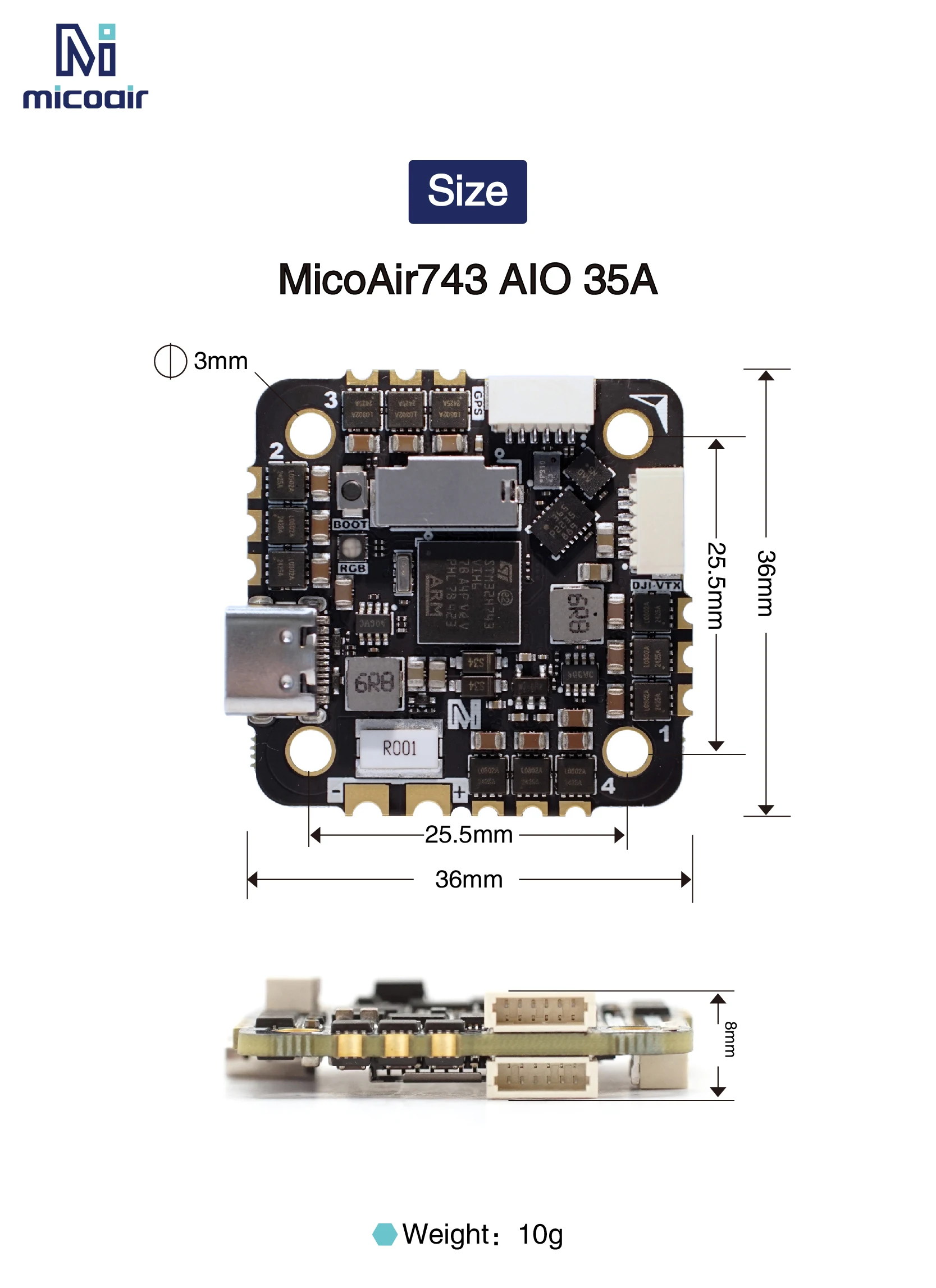 Contrôleur de vol MicoAir H743 AIO 35A AM32 3-6S 25.5x25.5mm