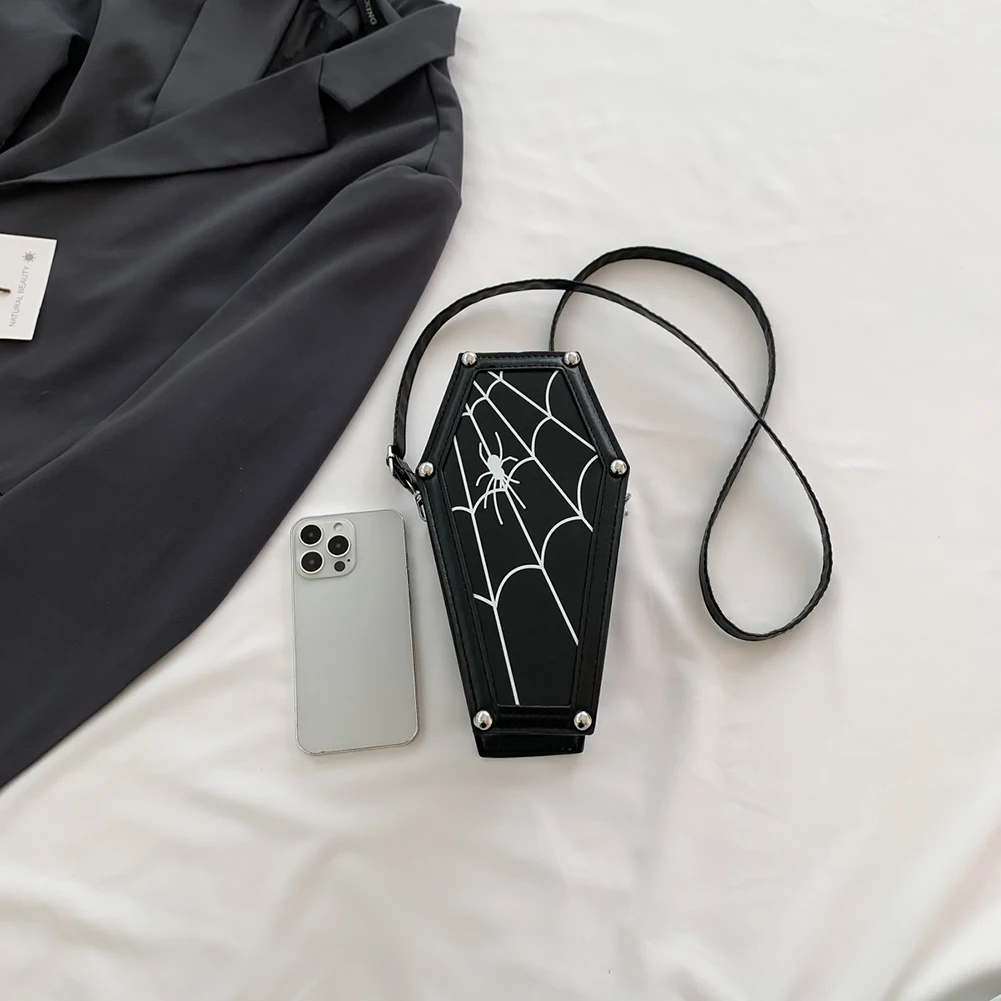 Women Novelty Sling Bag PU Leather Coffin Cosplay Cosmetic Bag Adjustable Strap Halloween Gift for Female