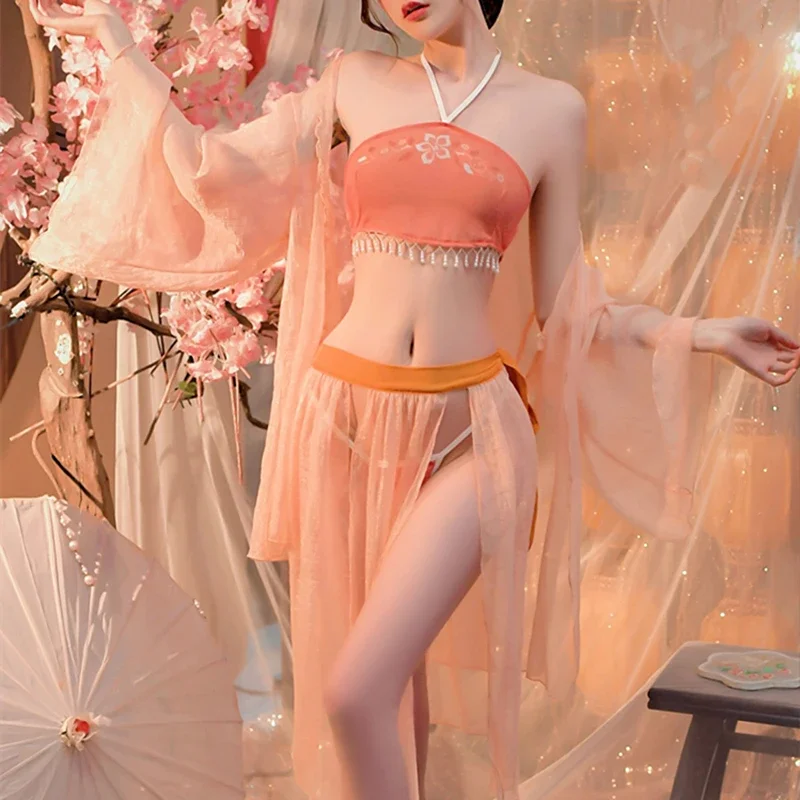 

Chinese Classical Sexy Dance Clothes Women Lingerie Hanfu skirt cosplay fairy Costumes thin Nightdress Print see-through Pajamas