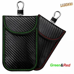 Premium Carbon Fiber RFID Blocking Car Key Protector - Faraday Bag & Anti - Tracking Pouch (Green Red)