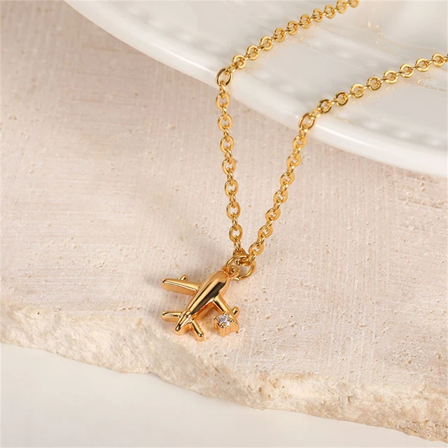 14K Gold Airplane Necklace, Plane Choker, Travel Pilots Flight