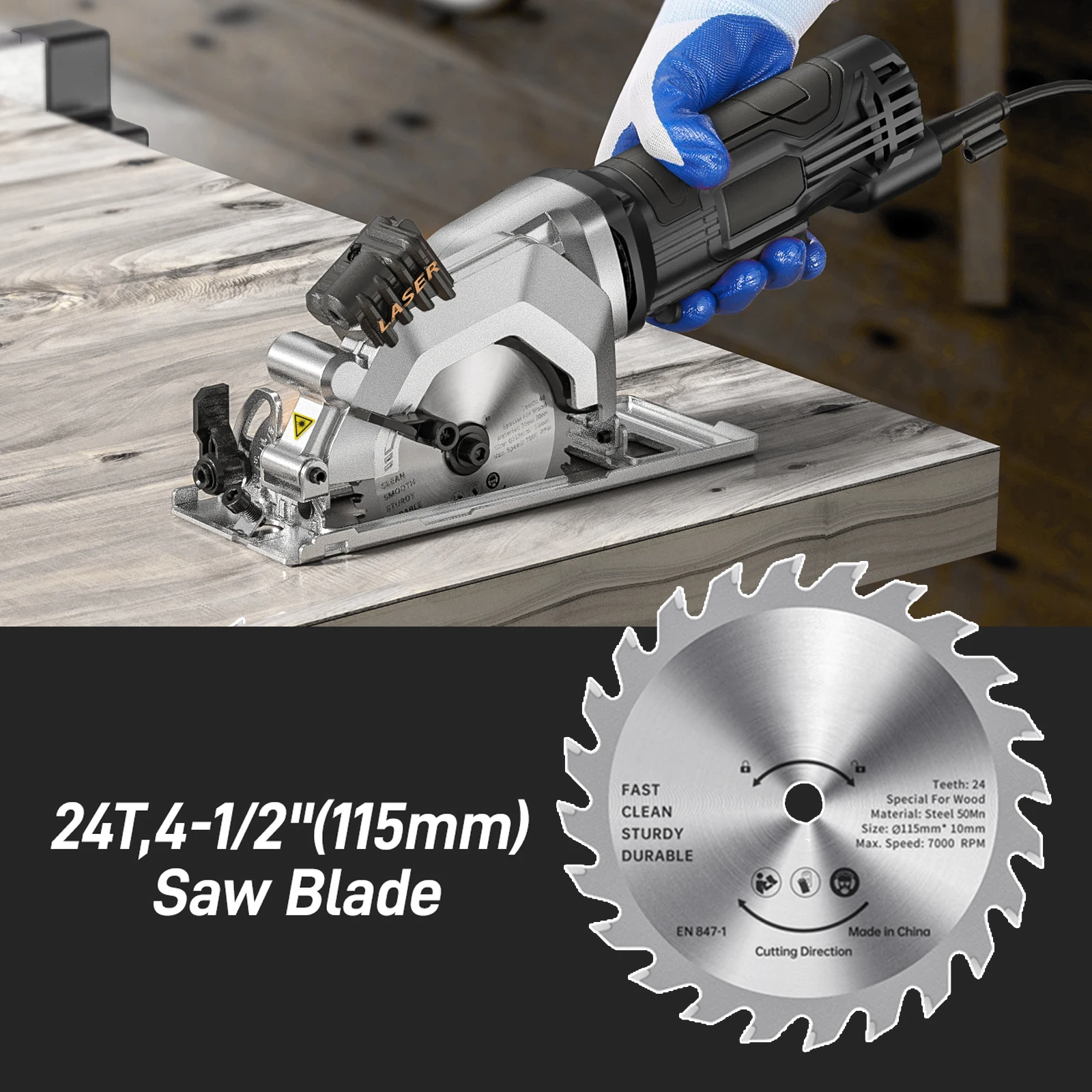 레이저 가이드 미니 전기 원형 톱, 휴대용 원형 톱, 목재 타일 플라스틱 절단기, 4.8Amp, 3500RPM, 580W, 115mm