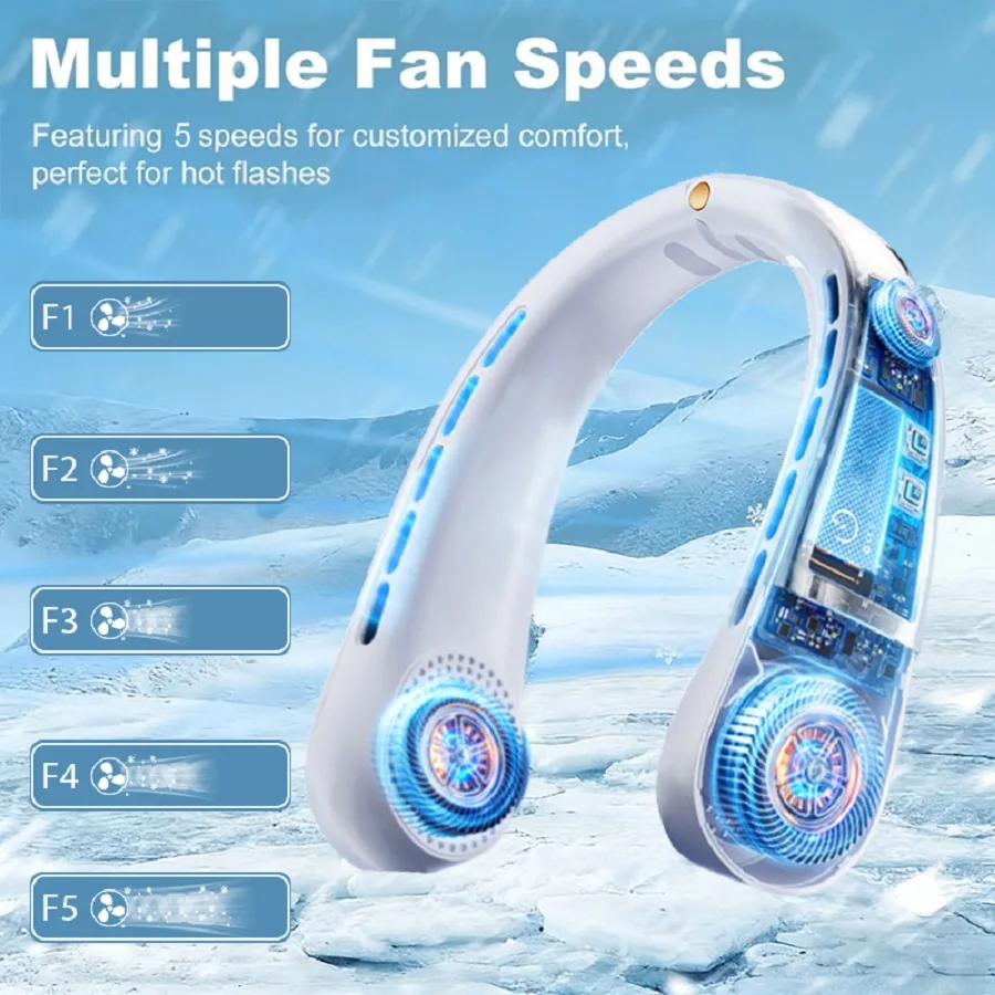 Portable Neck Fan, Hands Free Bladeless Fan, 5 Speeds, 3000 mAh Battery Operated Wearable Personal Fan, Twistable, Rechargeable