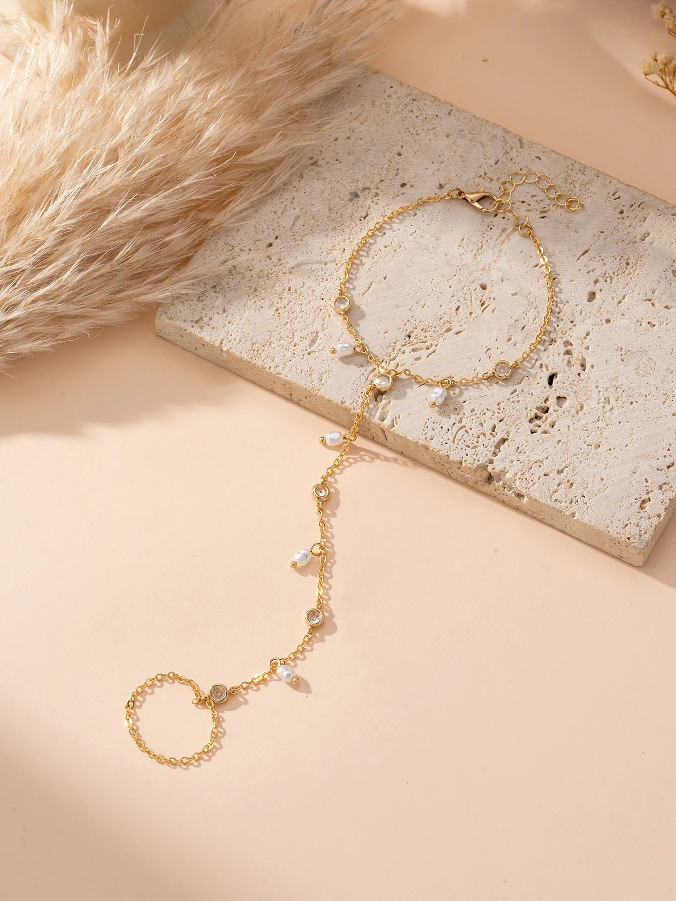 Mini Imitation Pearl Charm Finger Linked Bracelet