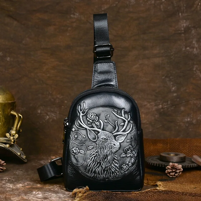 Genuine Leather Men's Crossbody Chest Bag with Double Zippers, Fashionable and Versatile Phone Bag