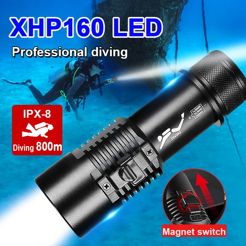 10000LM Super XHP160 800m Underwater Diving Flashlight Professional Scuba Diving Torch IPX8 Waterproof Dive Light 26650 Battery