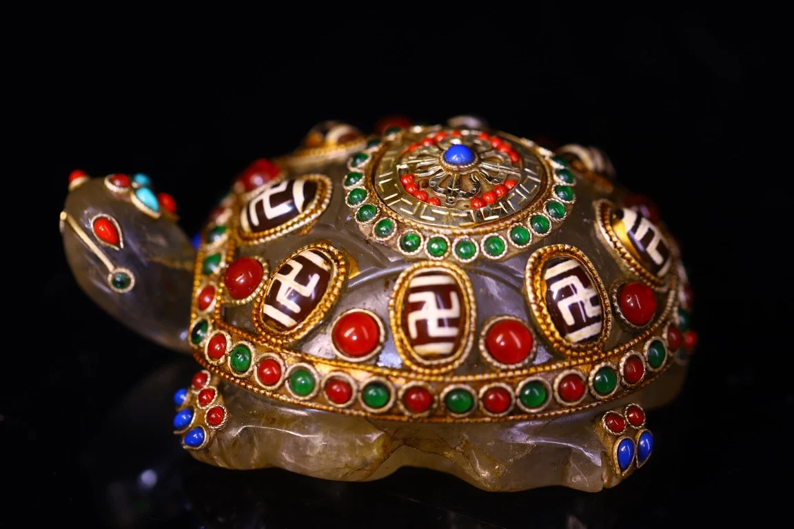 

7"Tibetan Temple Collection Old Natural Crystal Tibetan silver Mosaic Gem gZi Beads Turtle Statue Amulet Worship Hall Town house