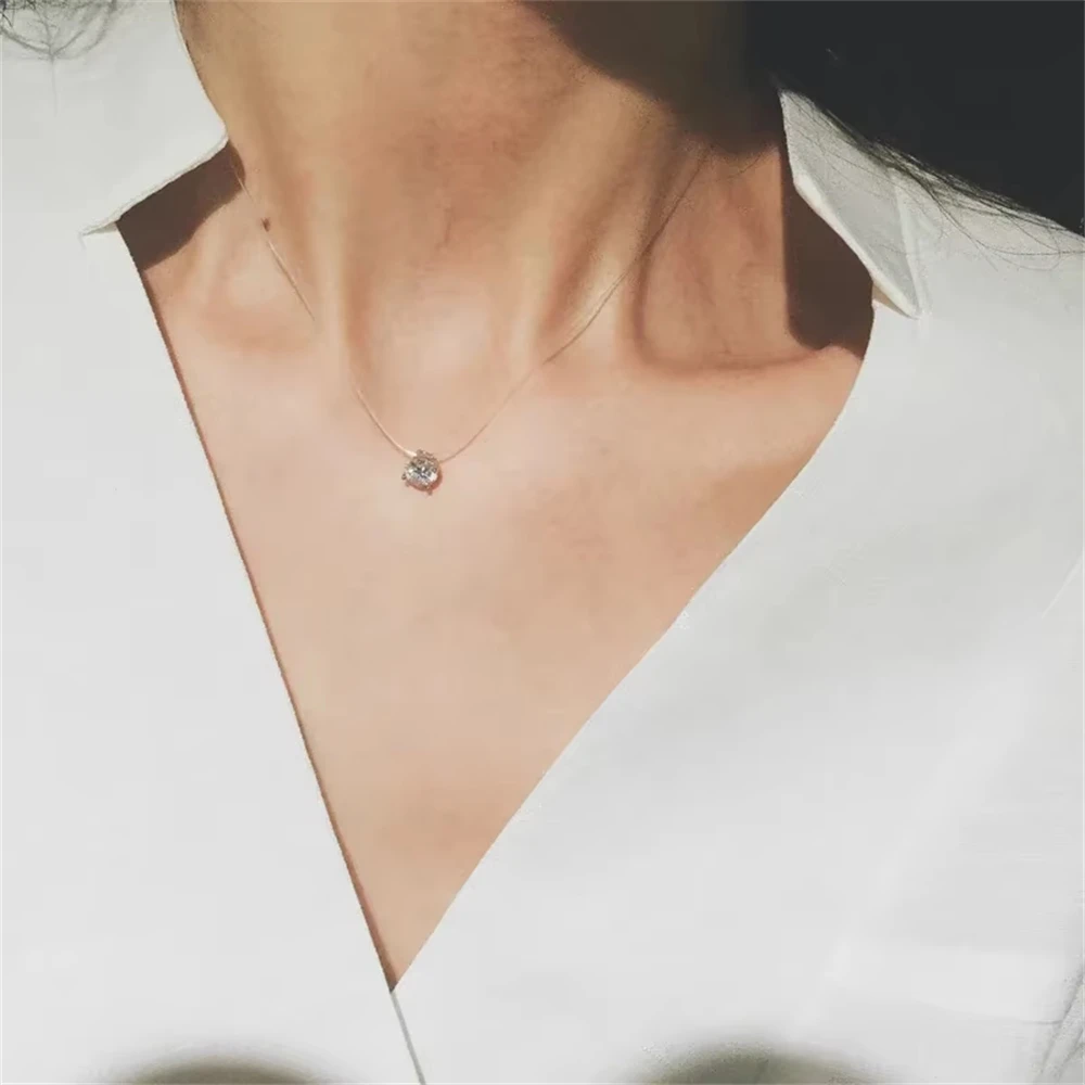 1ct Moissanite Diamond S925 Sterling Silver Invisible Transparent Fishing Line Clavicle Chain Necklace Women's Jewelry