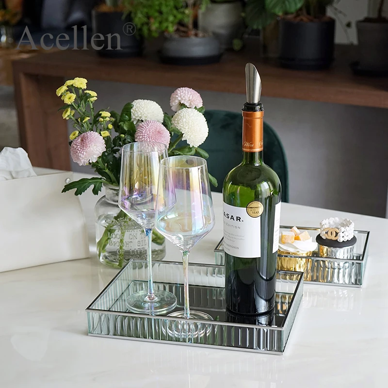 Glass Mirror Tray Gold/sliver/black Metal Edge Red Wine Plate Decorating Storage Tray Cake Tools Home Deco Modern Storage Trays