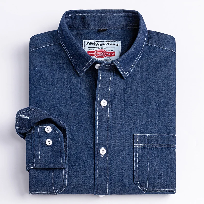 Men's Long-Sleeved Shirt 100% cotton denim spring/summer casual non-ironing breathable plus size solid color, denim shirt, long sleeved shirt