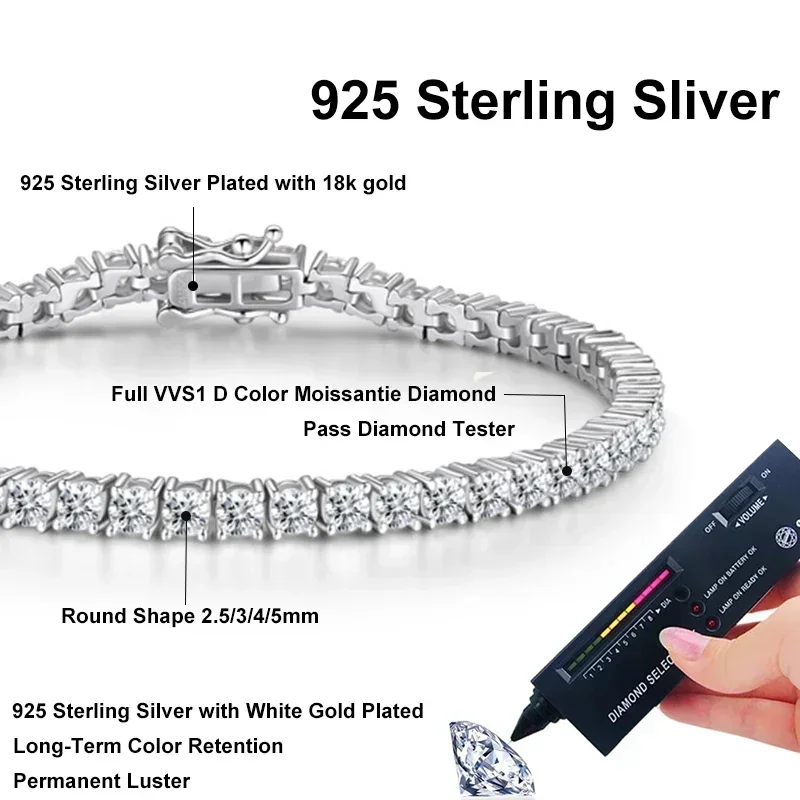 NeeTim 3mm 4mm Moissanite Tennis Bracelet 925 Sterling Silver with White Gold Plated Pass Diamond Tester Bracelets for Women Men 3