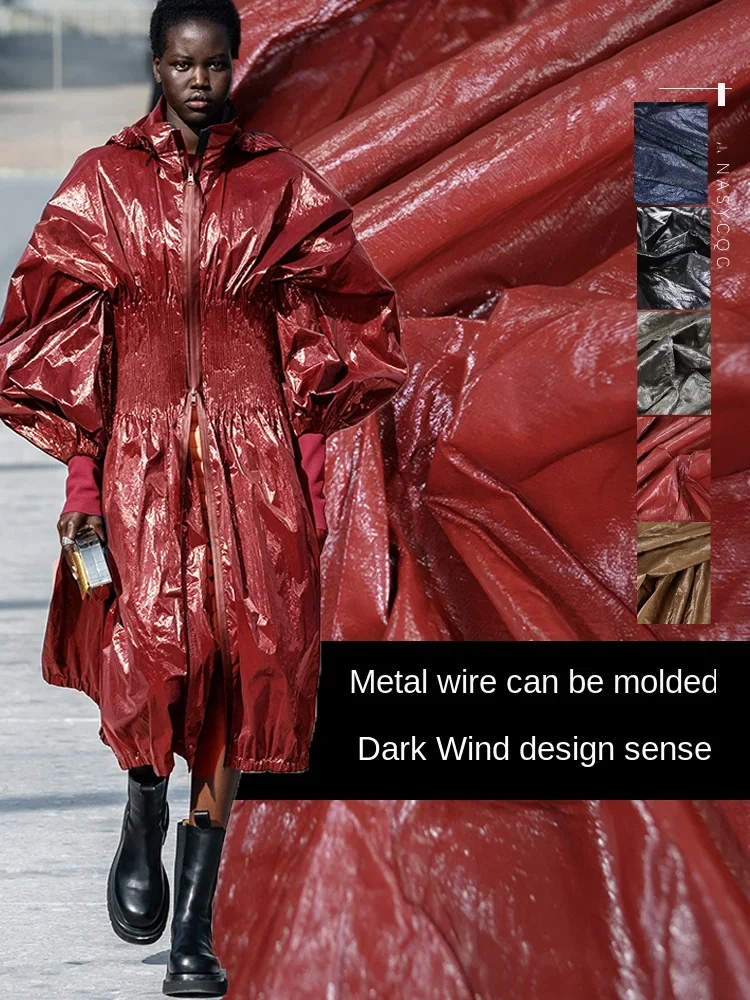 

PU Leather Fabric Metal Wire Pleated Designer Down Jacket Clothing Wholesale Cloth for Diy Sewing Viscose Matal Wire Material