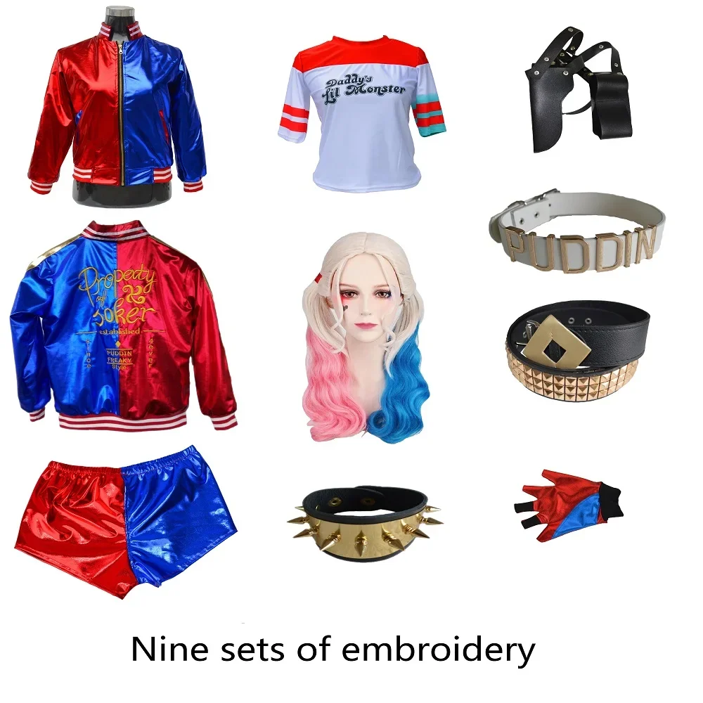 

Suicide cosplay Costumes Harley Squad Quinn Monster T Shirt coat Jacket Pants Bracelet Belt necklace Gloves Accessories Full Set