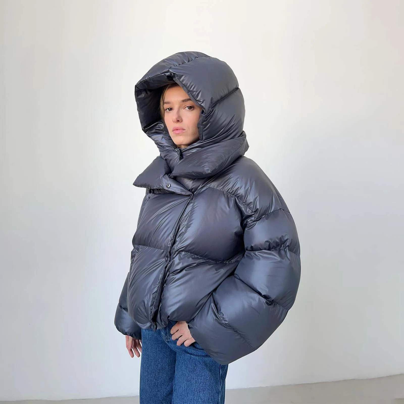 Winter Quilted Jacket Women Thick Warm Parkas Cropped Hooded Jackets High Street Solid Cotton Padded Outwear Puffer Outwear 3