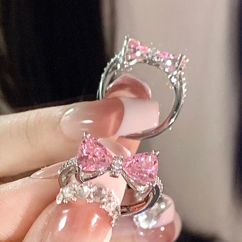 Y2K Pink Crystal Bowknot Zircon Rings for Women Fashion Sweet Lovely Girl Open Adjustable Ring Kpop Party Jewelry Gift 2023