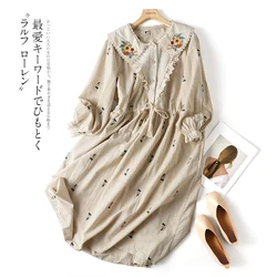 Spring Autumn New Vintage Cotton Linen  Dress Mori Girl Embroidery Lace Doll Belt Waist  Dress