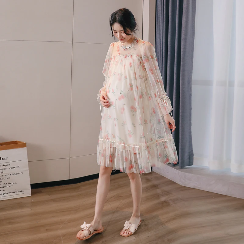 

Summer Fashion Maternity Mesh Dress Elegant Long Flare Sleeve Beaded Drawstring Collar Pregnant Woman Fishtail Dress Mini Dress