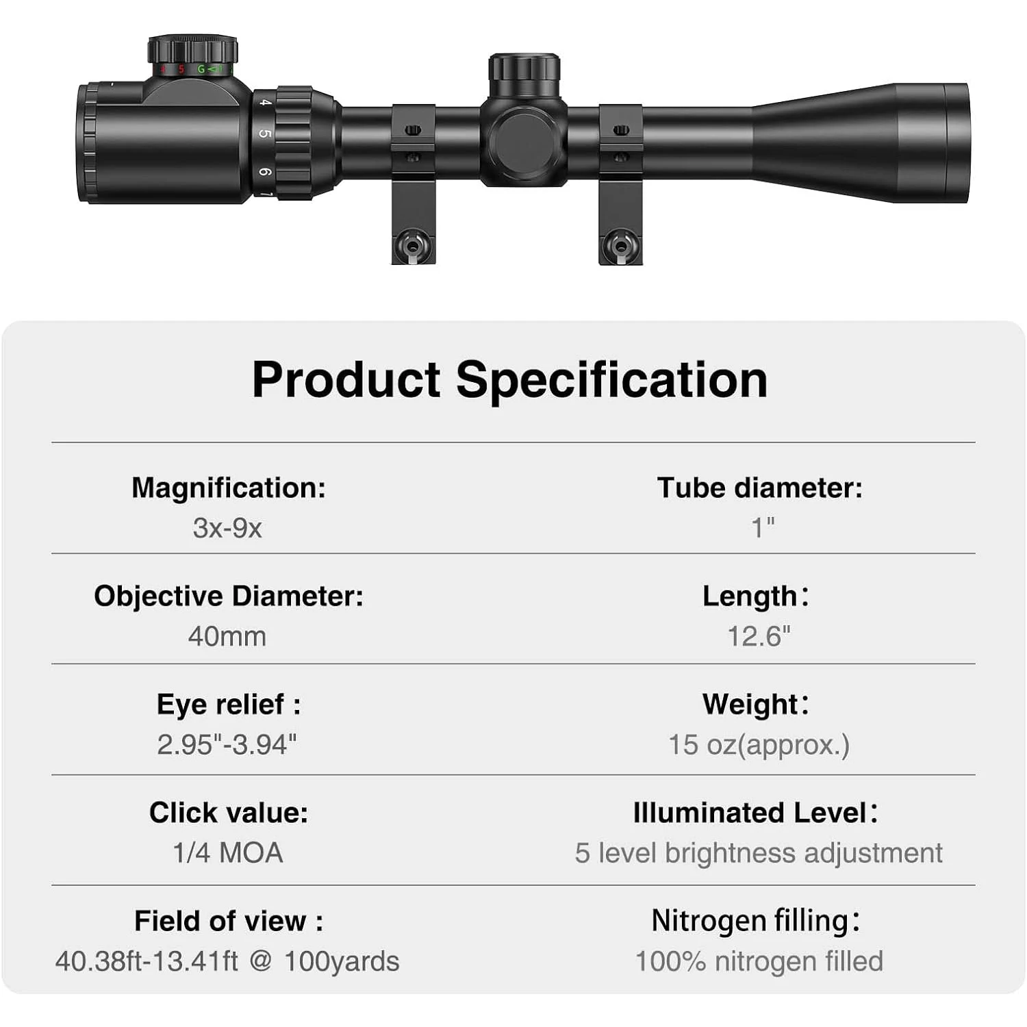3-9x40 Hunting Riflescope Optical Scope Red Green Illuminated 11/20mm Rail Air Rifle Optics Hunting Airsoft Rifle Scopes