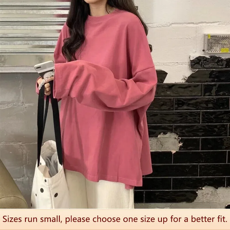  Women's Autumn Collection Solid Color Long Sleeve T-shirt Side Slit Loose-fit Trendy Base Layer Top For Students 