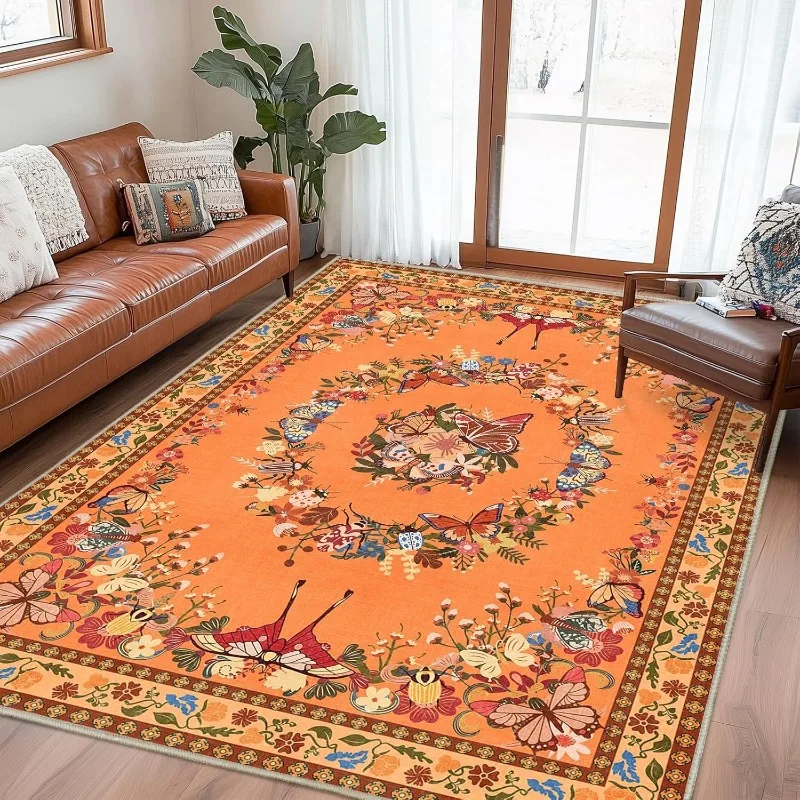 Vintage Living Room Carpet Large Area Butterfly Floral Print Bedroom Rugs Machine Washable Non-slip Soft Coffee Table Mats Tapis