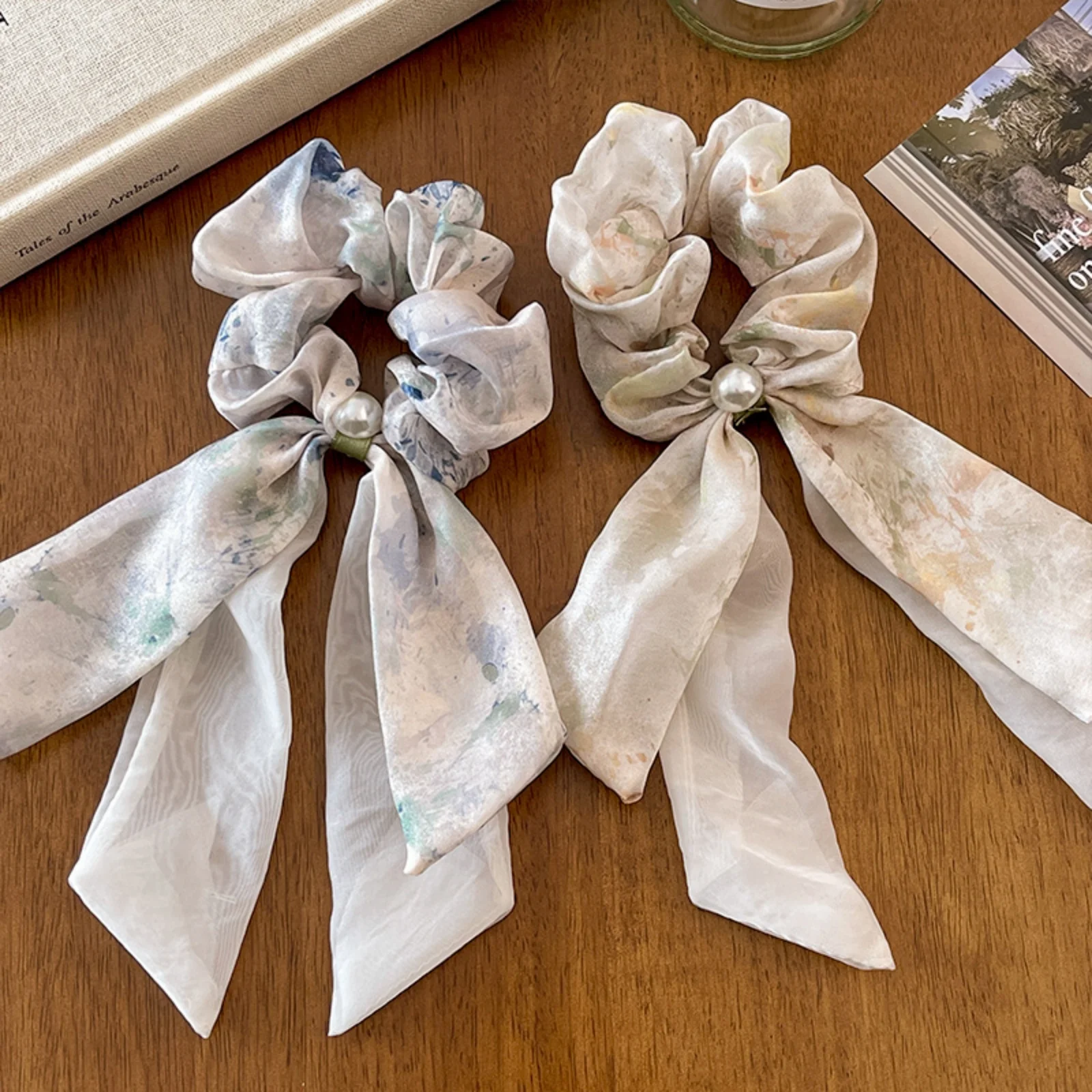 1PC Chiffon Scrunchies with Bow & Pearl: Watercolor Print Hair Ties for Women, Elegant Hair Accessories for Daily & Party Looks