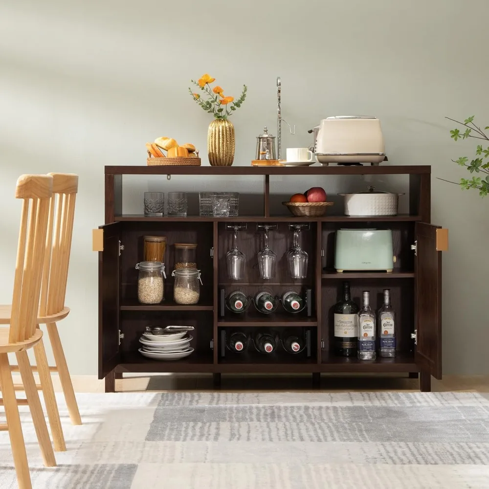 Rattan Coffee Bar Cabinet, 51" Sideboard Buffet Cabinet with Storage, Farmhouse Liquor Cabinet with Wine Racks Credenza Console