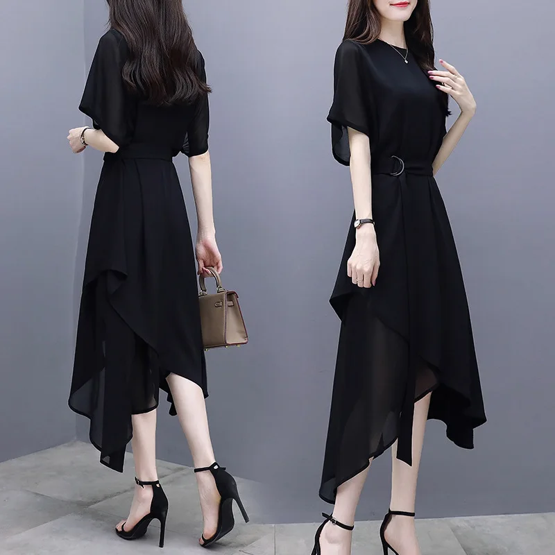 

2023 summer women's new slim fit midi skirt short sleeves irregular temperament chiffon dress women