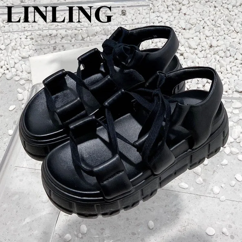 

Designer Platform Sandals Women's 2023 New Fashion Flat Shoelaces Cross Tie Casual Shoes Summer Beach Gladiator Sandals Women
