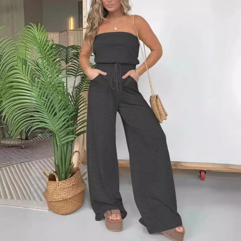 Personalized Street Women's Striped Bandeau Casual Wide Leg Jumpsuit Temperament 2024 Summer Female Fashion High Waist Jumpsuits