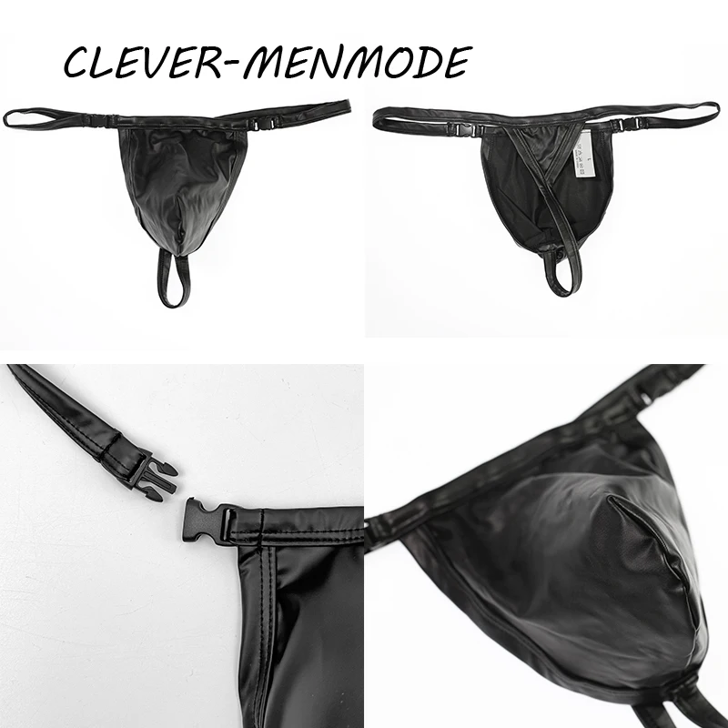 Male Underwear Mens Sexy Thong PU Faux Leather Underwear Bulge Penis Pouch T-back G-string U Convex Wetlook Fetish Costume Exotic Lingerie