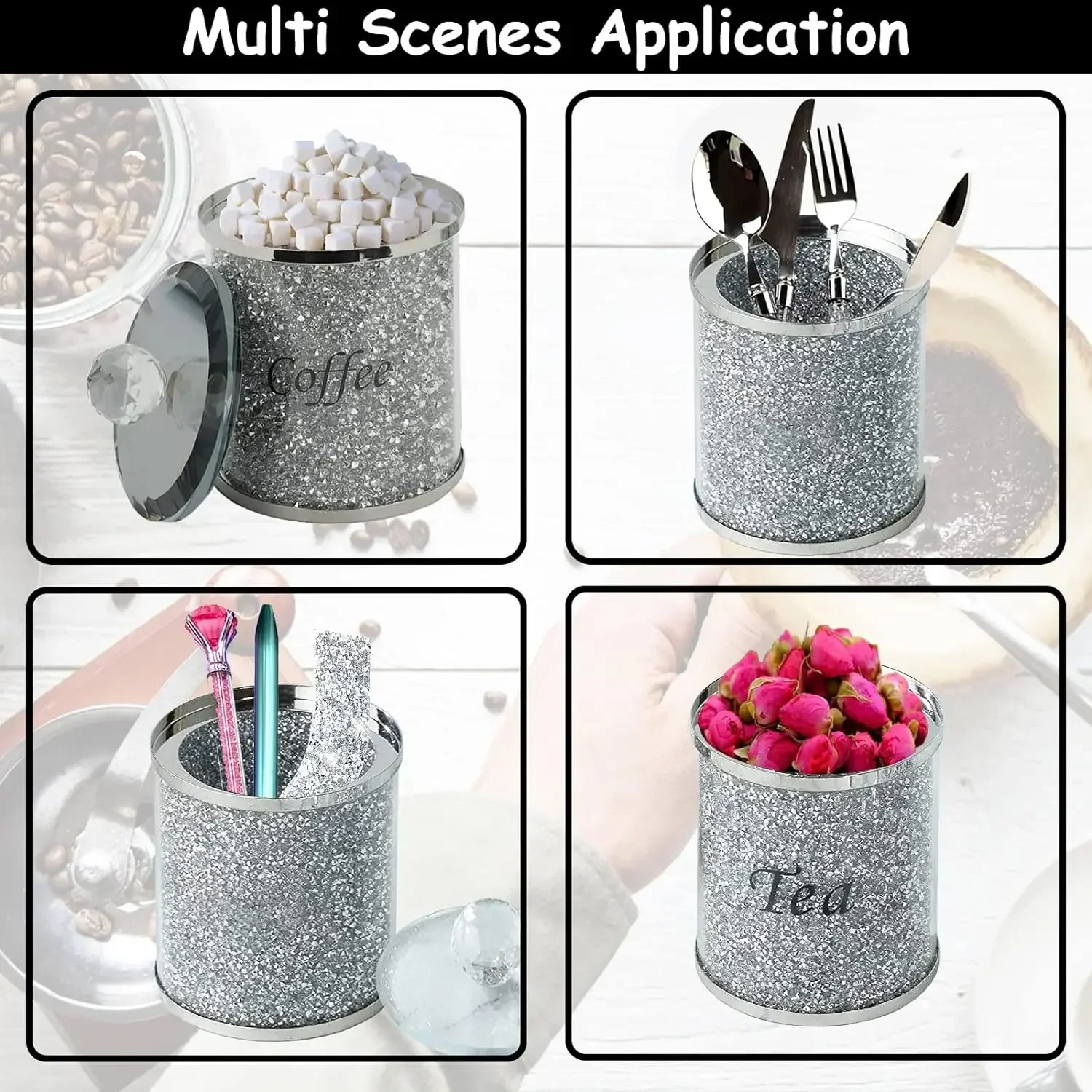 Crystal Coffee Sugar Tea Canister Set 3PCS Glass Crushed Diamonds Storage Container Set with Label & Lid Kitchen Decorative Jars 3