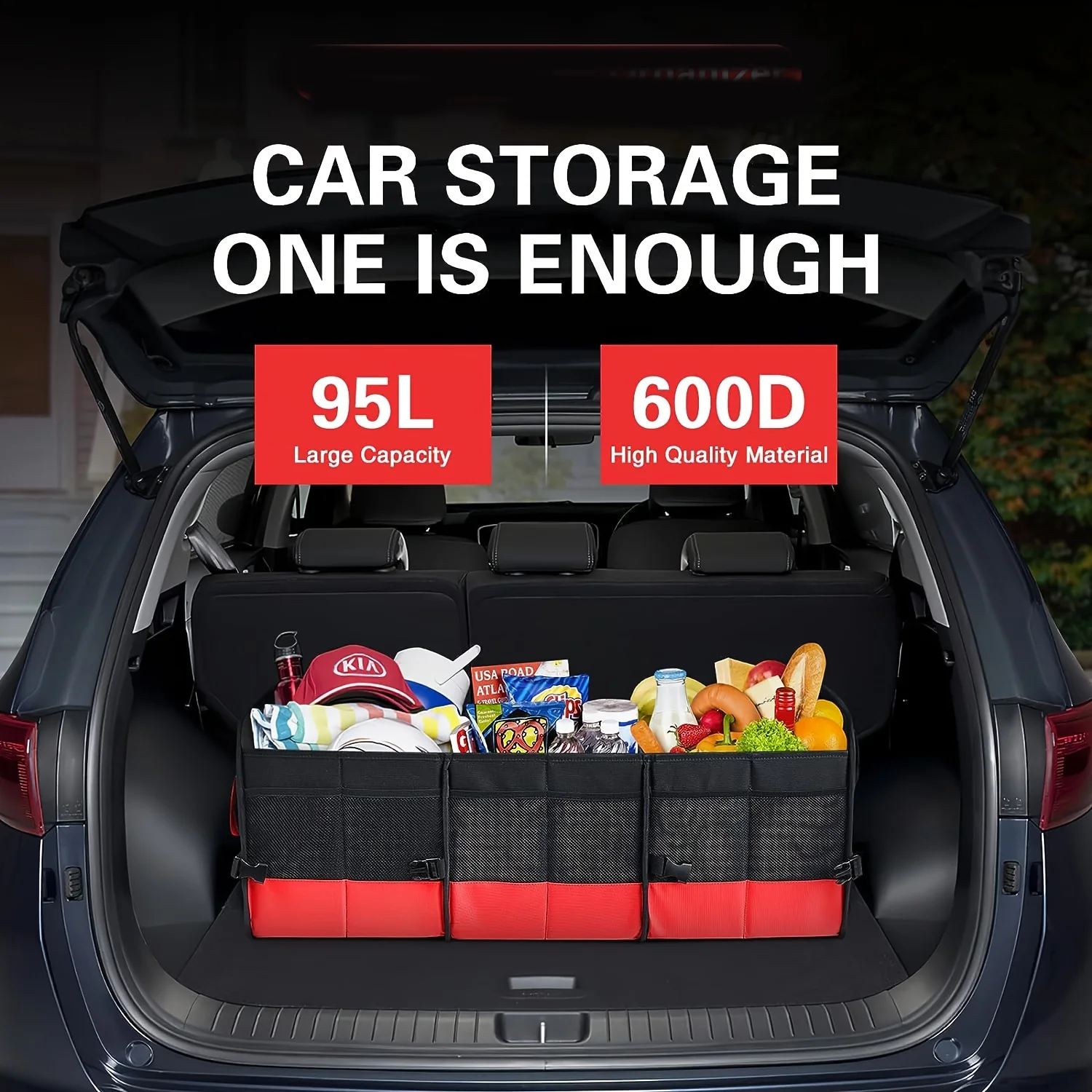 Large Trunk Organizer For Car, Collapsible Multi Compartment Car Trunk Organizer With 2 Retractable Straps, Suitable For All Kin 3