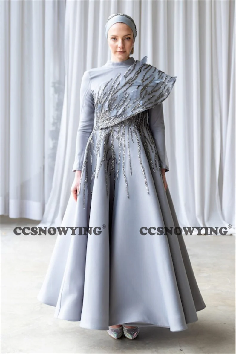 

Fashion Brand new Satin Appliques High Neck Long Sleeve Prom Dress Formal Occasion Dresses Arabic Dubai Kaftan