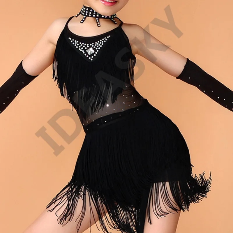 kids salsa dresses sequin latin dance dress for girls fringe dancing dancewear stage samba junior ballroom standart costumes