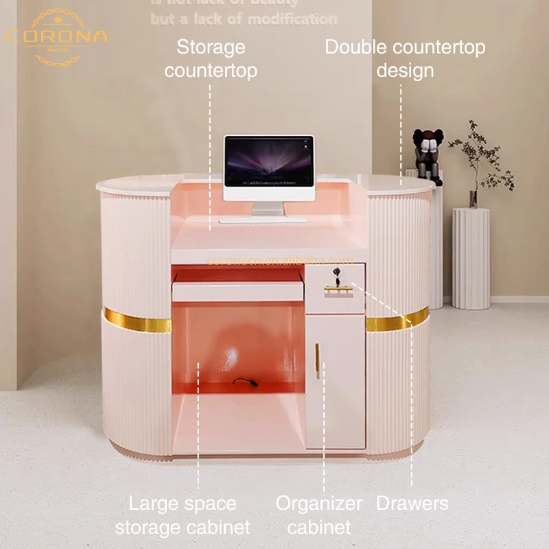 High Quality Half Round Wood Modern Pink Gold Front Reception Desk Beauty Salon