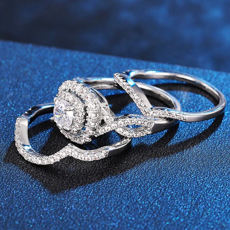 3Pcs Sterling Silver Plated Set Wedding Rings Cubic Zirconia