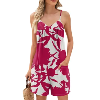 Summer Beautiful Colourful Floral Printing Daily Streetwear Playsuit Fashionable Casual Sleeveless Jumpsuit Shorts With Pockets 4