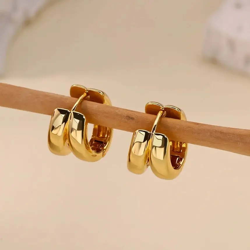 Classic Double Hoop Earrings for Women Chunky Stainless Steel Gold Color
