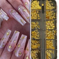 12Grids Moon Star Nails Gold Metallic Nail Sequins Charms 3D Nail Art Tips Decoration  3D Metal Moon Star Sun Bead Rivet Nail Je 1