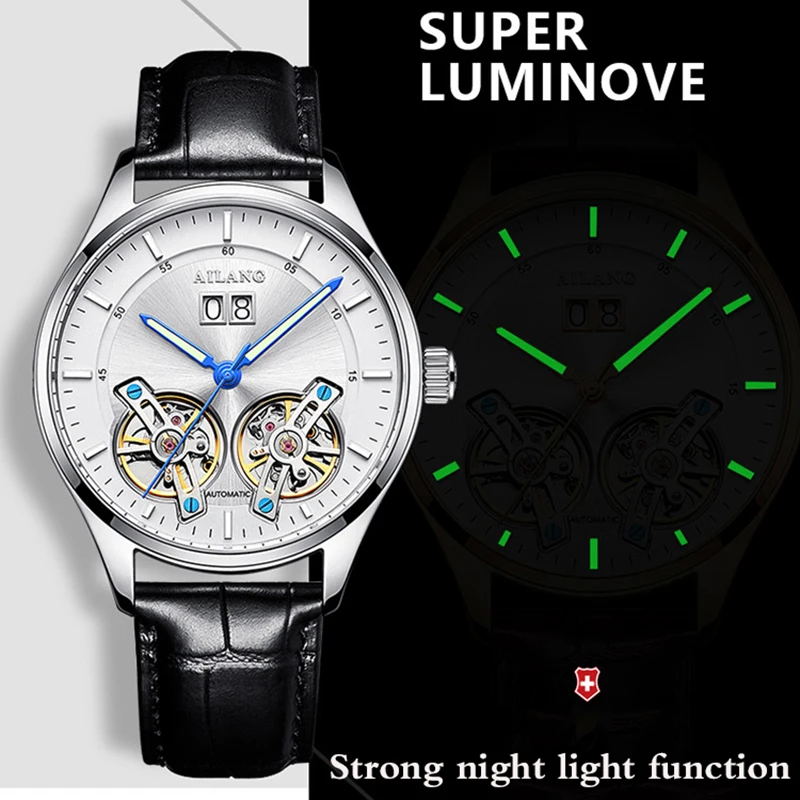 AILANG Top Brand Luxury Fashion Mechanical  Watches Simple Men's Steampunk Waterproof Leather Double Tourbillon Automatic Watch
