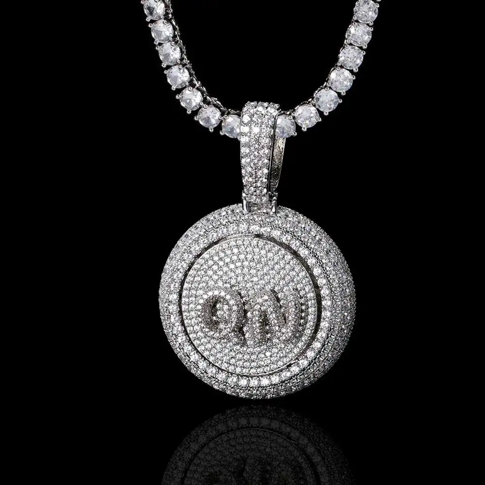 Disk Rotating Letter Round Shape Custom Pendant Zircon Personalized Name Initial Pendant Necklace