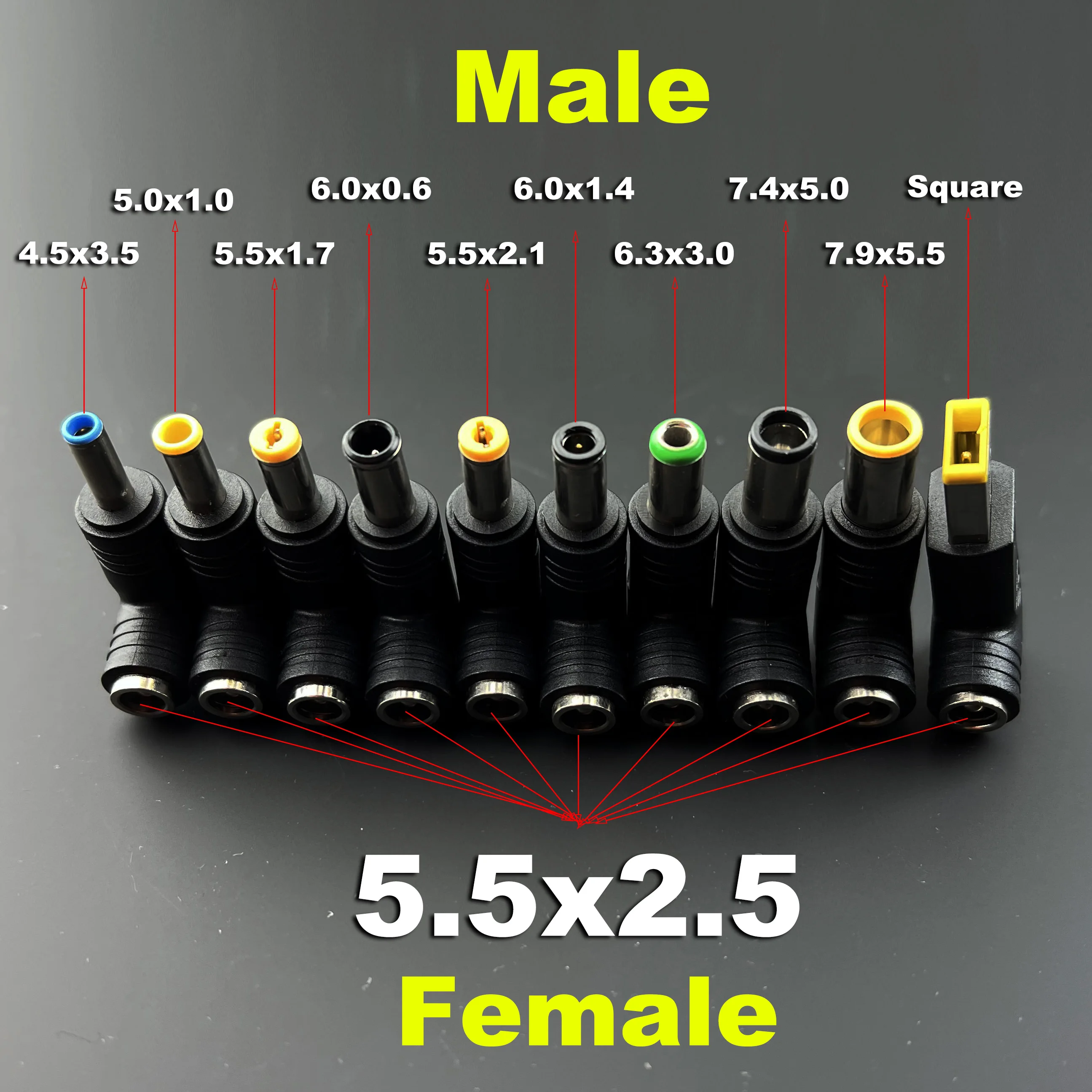 

5pcs DC Power plug connector 7.9x5.5 7.4x5.0 4.5x3.0 4.0x1.7 6.0x0.6 3.0 mm 2.1 DC female Adapter Connector to 5.5*2.5mm Female