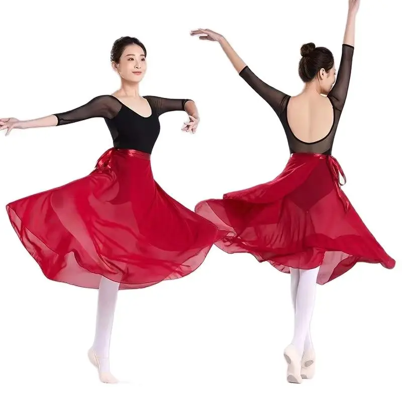 

Женские длинные шифоновые балетные юбки для современных танцев, юбка для бальных танцев для взрослых, черный бордовый балетный костюм, платье с завязкой на талии
