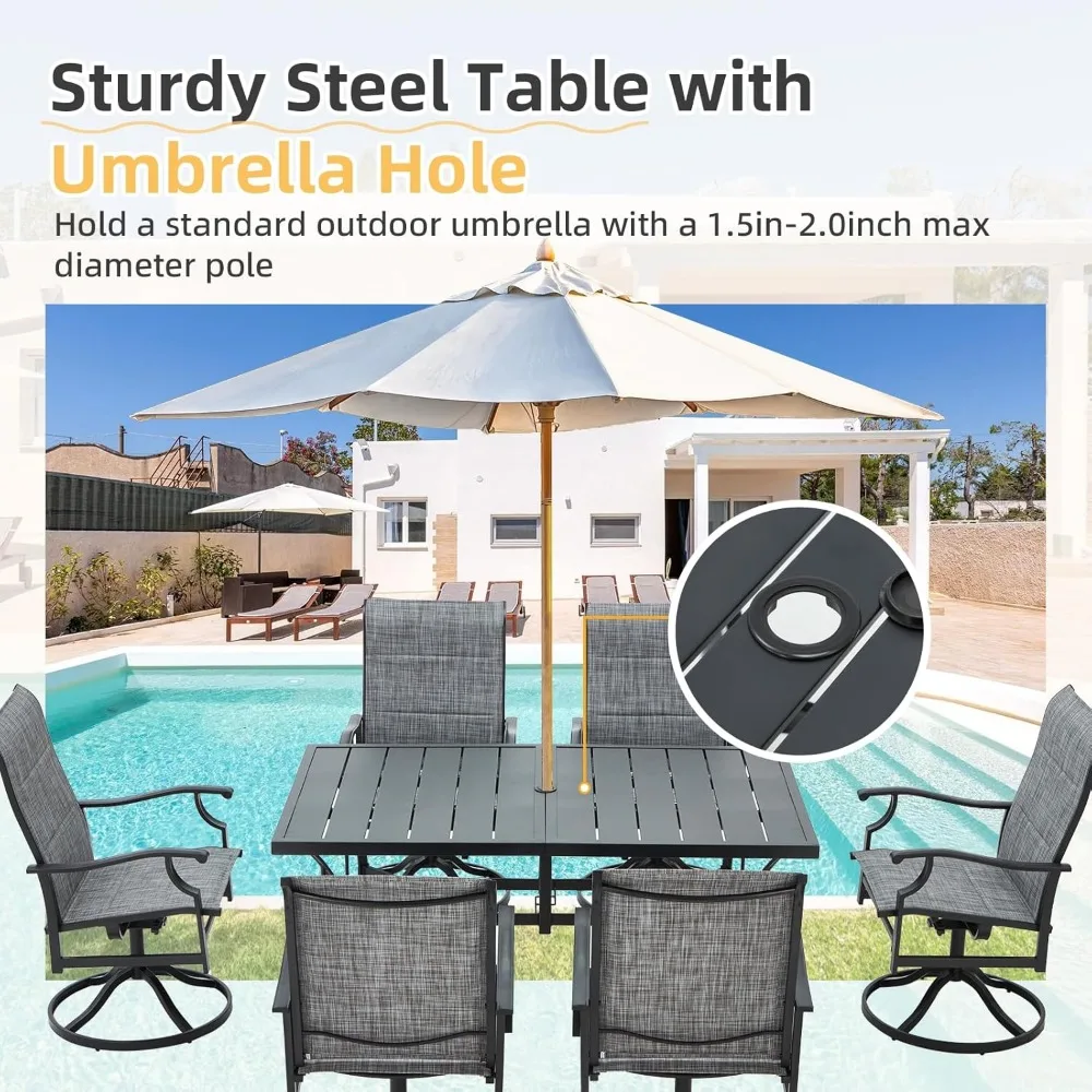 7 Piece Outdoor Patio Dining Set with 6 Swivel Rocker Chairs, Rectangular Metal Table with Umbrella Hole, 6 Person Patio Table a